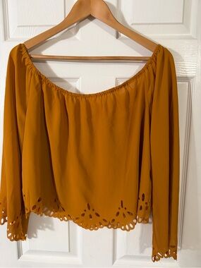 Women's Mustard Off-Shoulder Long Sleeve Top with Laser-Cut Hem, 2XL